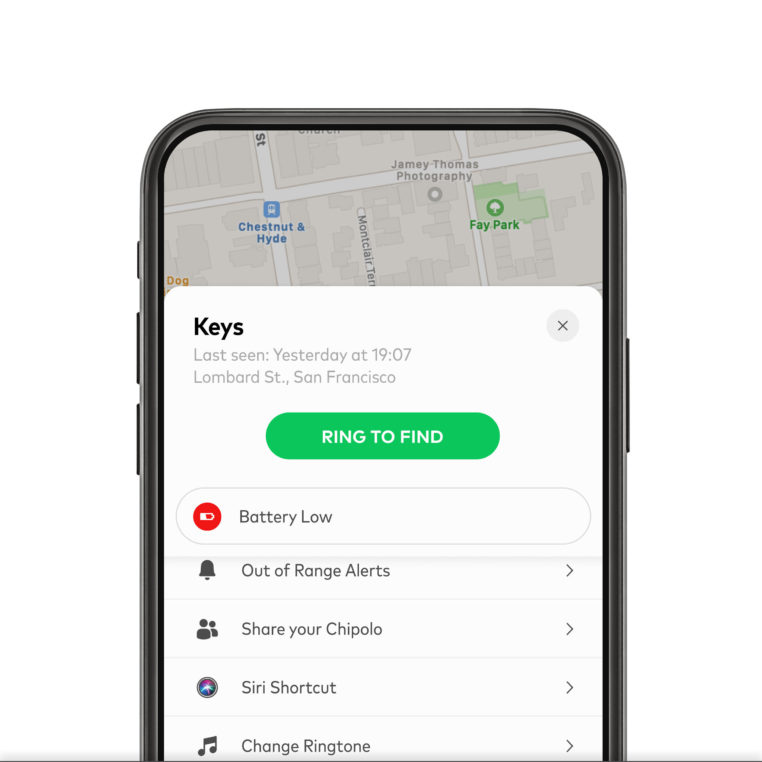 Chipolo app individual screen with low battery warning