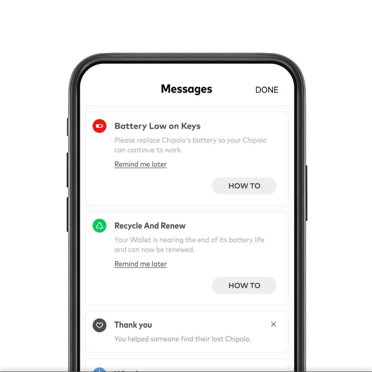 Chipolo app with low battery warning in message center